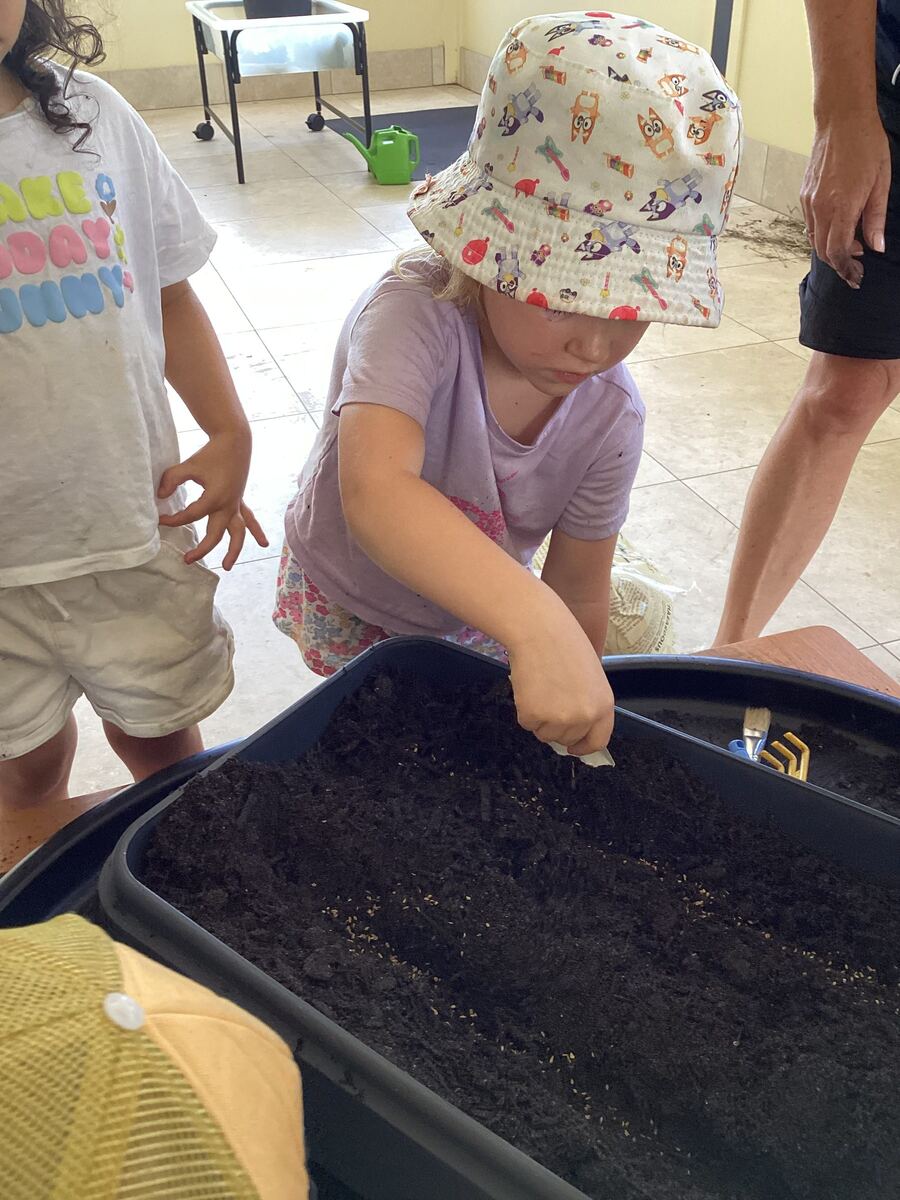 A child plants seeds in garden soil with educator guidance